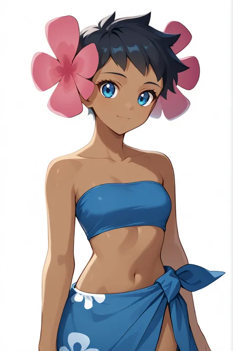 defPhoebe, black hair, blue eyes, dark skin, hair flower, pink flower, blue tube top, strapless, midriff, blue sarong, blue skirt, anklet, barefoot, white background 