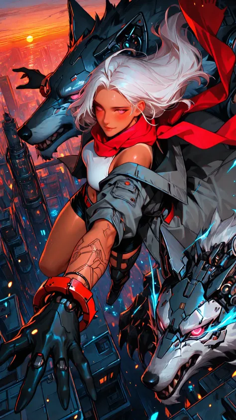 generate image of 1girl, solo, human-girl, side-view, pink eyes, glowing eyes, blush, shy, white-hair, long-hair, (side-swept-hair), pink-streak-hair, ahoge, voluptuous body, medium-breast, mature-human-girl, tanned-skin, soft-tanlines.

wearing : black sh...