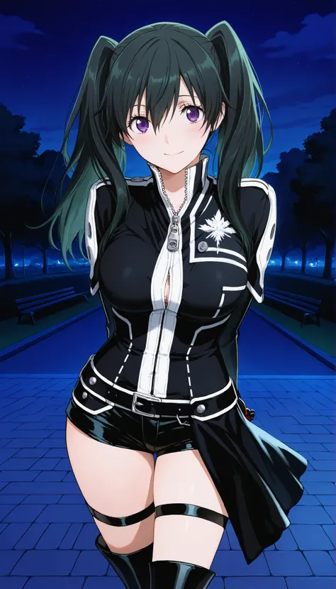masterpiece,best quality,highres,ultra-detailed,masterpiece,detailed illustration,source_anime,1girl,bblee, long hair, green hair, black hair, twintails, purple eyes,big breasts, white shirt, black jacket, wide sleeves, long sleeves, black gloves, zipper p...