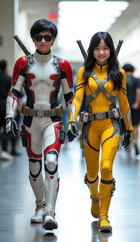 character: 1 Japanese preteen boy black hair Wearing sunglasses wearing futuristic white Deadpool body suit with red silver armor futuristic white accents , and 1 Japanese preteen girl black hair Wearing futuristic yellow Deadpool body suit with armor fut...
