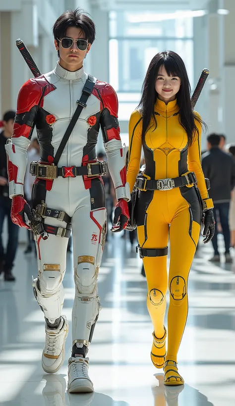character: 1 Japanese boy black hair Wearing sunglasses wearing futuristic white Deadpool ninja body suit with red silver armor futuristic white accents , and 1 Japanese girl black hair Wearing futuristic yellow Deadpool ninja body suit with armor futuris...