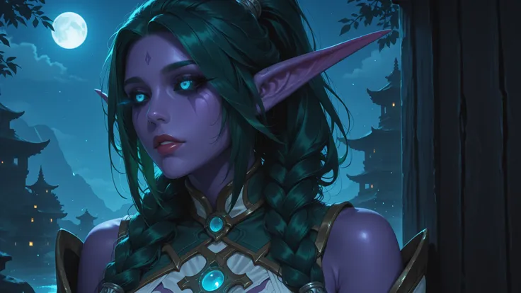 从侧面，明亮的卧室，唾液，湿润，脸红，TNDbfa, night elf, purple skin, long pointy ears, 1girl, mature female, long hair, green hair, ponytail, twin braids, glowing eyes, blue eyes, black sclera,全身，触手
