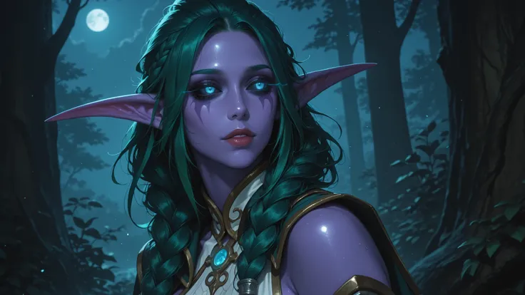 从侧面，明亮的卧室，唾液，湿润，脸红，TNDbfa, night elf, purple skin, long pointy ears, 1girl, mature female, long hair, green hair, ponytail, twin braids, glowing eyes, blue eyes, black sclera,全身，触手