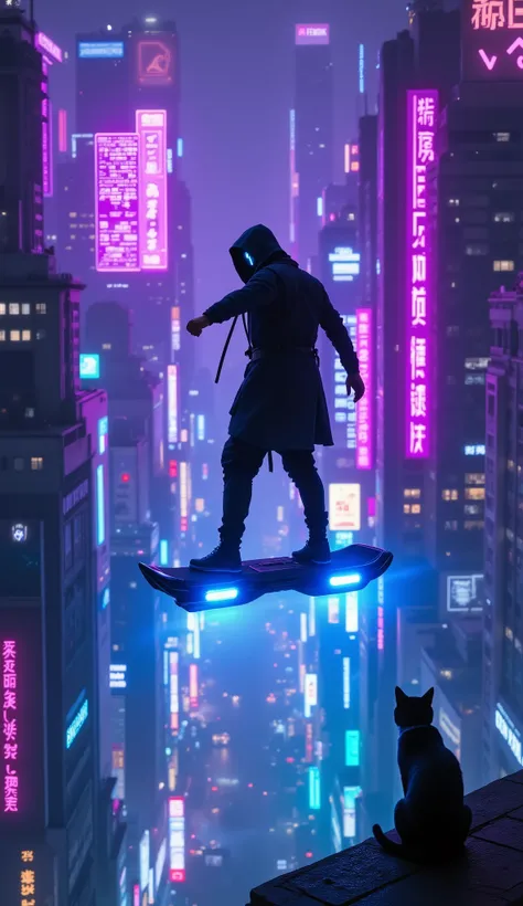 close-up of a mysterious figure, riding a large hoverboard, futuristic cityscape ,illuminating a vast cityscape with bright neon lights,Neon signs with predominantly purple and blue hues,  green,City full of skyscrapers, Decorated with glowing advertisemen...