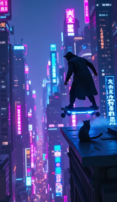 close-up of a mysterious figure, riding a large hoverboard, futuristic cityscape ,illuminating a vast cityscape with bright neon lights,Neon signs with predominantly purple and blue hues,  green,City full of skyscrapers, Decorated with glowing advertisemen...