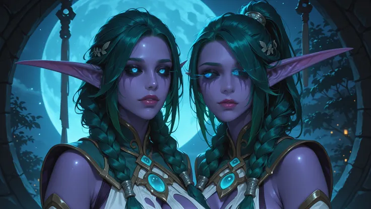 从侧面，明亮的卧室，唾液，湿润，脸红，TNDbfa, night elf, purple skin, long pointy ears, 1girl, mature female, long hair, green hair, ponytail, twin braids, glowing eyes, blue eyes, black sclera,全身，触手