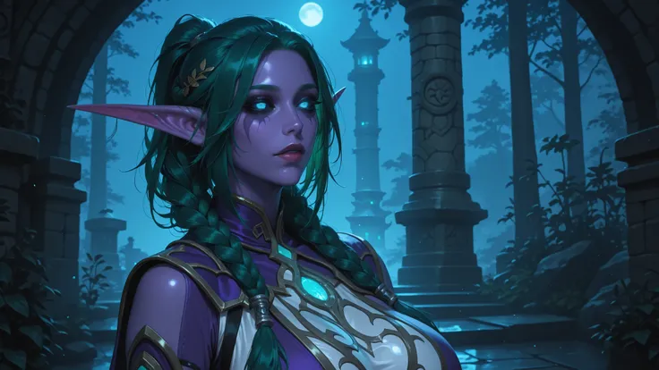 从侧面，明亮的卧室，唾液，湿润，脸红，TNDbfa, night elf, purple skin, long pointy ears, 1girl, mature female, long hair, green hair, ponytail, twin braids, glowing eyes, blue eyes, black sclera,全身，触手