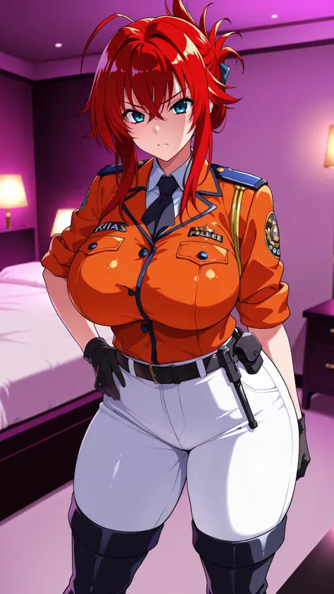 hotel room is dark,Rias Gremory(folded ponytail),policewoman,good-looking woman,serious face,white pants,belt,black thigh high boots,orange jacket with arms rolled up,Black gloves,thick thighs,Standing,