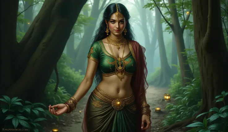 Full hd elegant picture of a indian girl wearing wet saree and wet blouse doing magic full picture in the scary forest