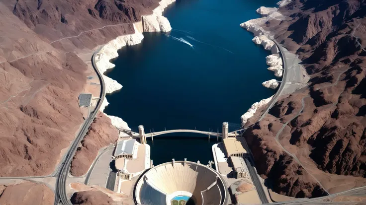 high-definition images、Nevada、Hoover Dam、Image taken from above、dammed the Colorado River、Lake Made was formed from stored water、fish at Lake Maid, jet ski, wait. You can、Spectacular dam exterior、