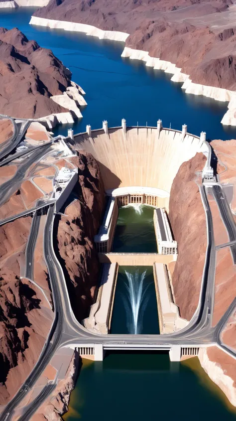 high-definition images、Nevada、Hoover Dam、Image taken from above、dammed the Colorado River、Lake Made was formed from stored water、fish at Lake Maid, jet ski, wait. You can、Spectacular dam exterior、