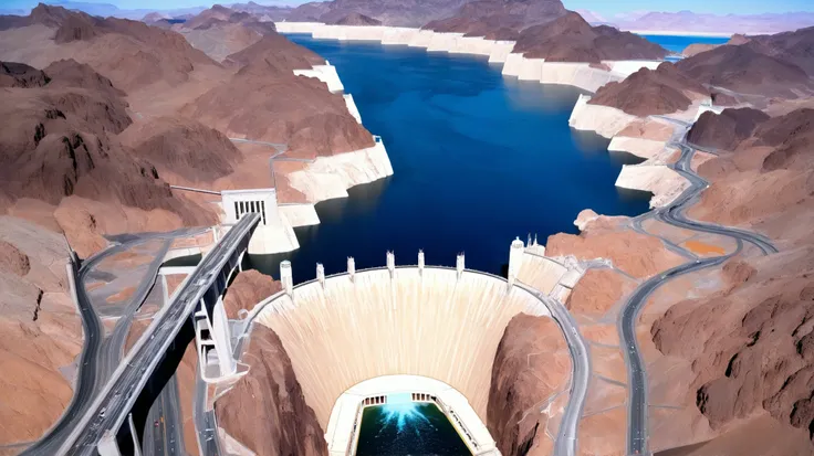 high-definition images、Nevada、Hoover Dam、Image taken from above、dammed the Colorado River、Lake Made was formed from stored water、fish at Lake Maid, jet ski, wait. You can、Spectacular dam exterior、