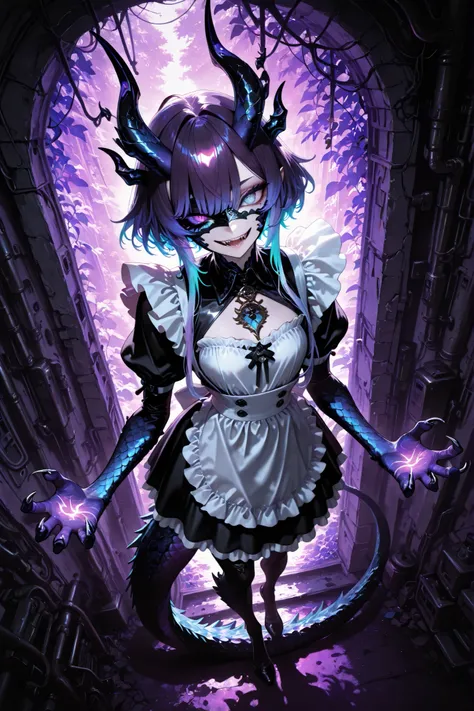 front angle, (masterpiece, 4k, vivid colors, ultra-detailed image, dynamic pose), {1woman}: (an androgynous creature, with a body covered in bright lilac scales, her hair is long, long and purple at the ends, on her face the scales form a mask showing her ...