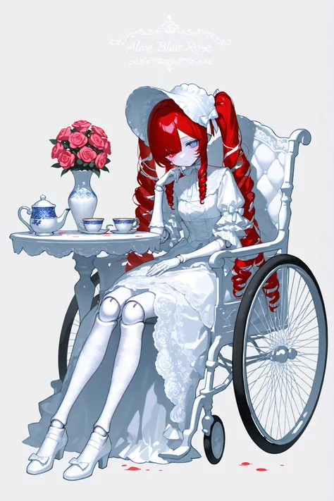 (xxx667_illu,doll joints,) Alive doll-girl, petite vintage cute porcelain articulated doll. Her body is made of white porcelain and joints of her limbs are doll-like hinges. There's a crack marks on her porcelain face. She has scarlet red kinky hair is st...