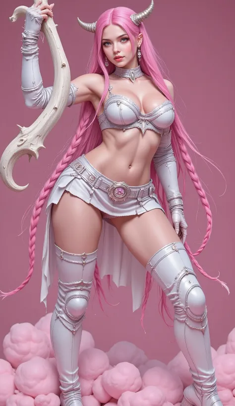 Centered medium wide shot of a warrior with light skin, long flowing braided hair in vibrant pink and white, dynamic motion strands. Wearing ornate white-pink armor, horned helmet, form-fitting bodysuit with cutouts, armored gauntlets, heavy boots. Mid-act...