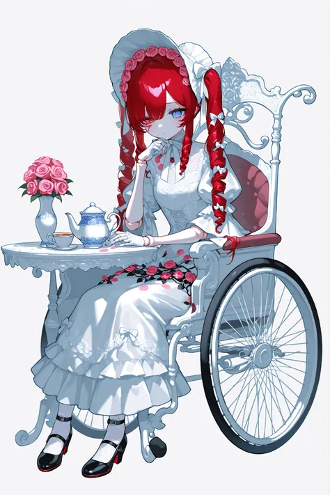 (xxx667_illu,doll joints,) Alive doll-girl, petite vintage cute porcelain articulated doll. Her body is made of white porcelain and joints of her limbs are doll-like hinges. There's a crack marks on her porcelain face. She has scarlet red kinky hair is st...