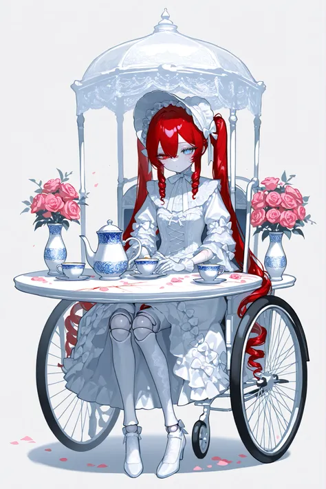 (xxx667_illu,doll joints,) Alive doll-girl, petite vintage cute porcelain articulated doll. Her body is made of white porcelain and joints of her limbs are doll-like hinges. There's a crack marks on her porcelain face. She has scarlet red kinky hair is st...