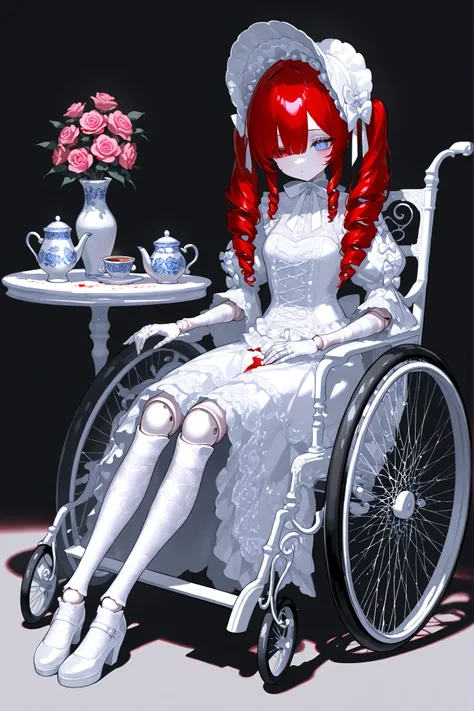 (xxx667_illu,doll joints,) Alive doll-girl, petite vintage cute porcelain articulated doll. Her body is made of white porcelain and joints of her limbs are doll-like hinges. There's a crack marks on her porcelain face. She has scarlet red kinky hair is st...