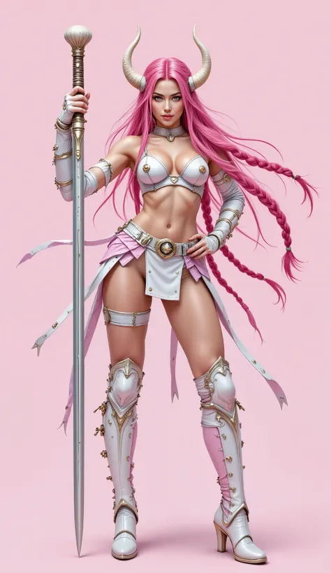 Centered medium wide shot of a warrior with light skin, long flowing braided hair in vibrant pink and white, dynamic motion strands. Wearing ornate white-pink armor, horned helmet, form-fitting bodysuit with cutouts, armored gauntlets, heavy boots. Mid-act...
