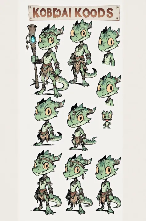 Three( male,green skin, green scales, (((Kobold)), (detailed kobold)) wearing a witch tools, a tribal clothes, character design, toon style, chibi