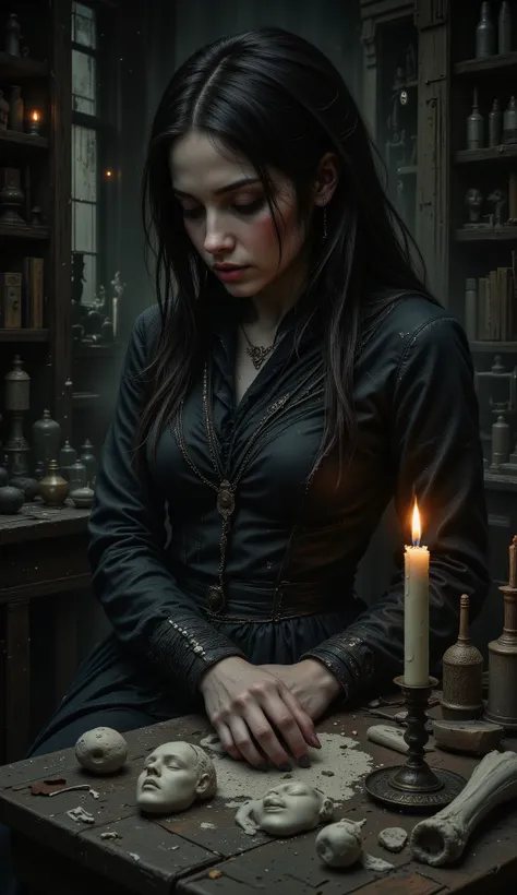 A detailed medium shot, psychological dark fantasy. A woman sculpts faces from cold wax and powdered ash. Each face represents a forgotten emotion—she carves them with tools made of bone and intuition. As she works, the faces whisper secrets to her, and he...