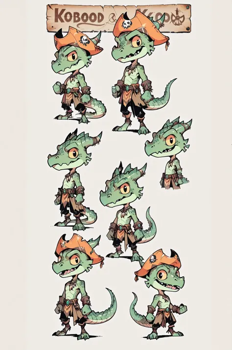 Three( male,green skin, green scales, (((Kobold)), (detailed kobold)) wearing a pirate tools, a tribal clothes, magic around then  character design, toon style, chibi