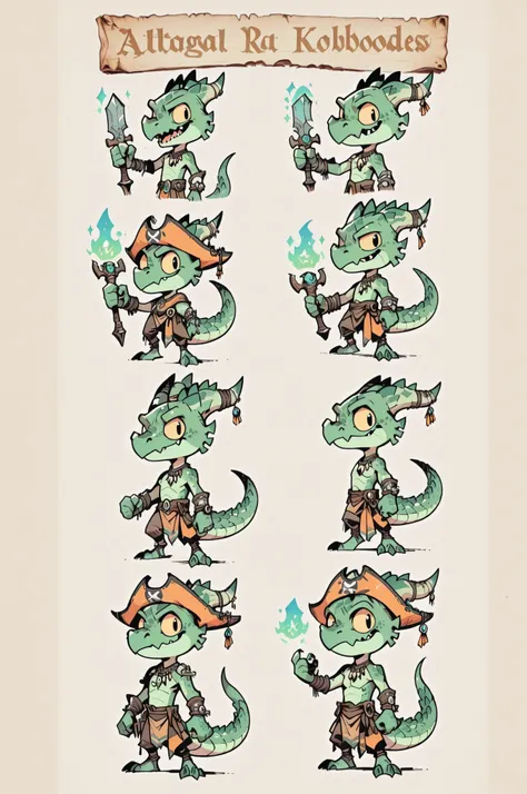 Three( male,green skin, green scales, (((Kobold)), (detailed kobold)) wearing a pirate tools, a tribal clothes, magic around then  character design, toon style, chibi