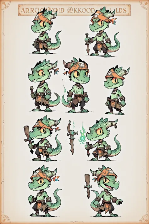 Three( male,green skin, green scales, (((Kobold)), (detailed kobold)) wearing a pirate tools, a tribal clothes, magic around then  character design, toon style, chibi