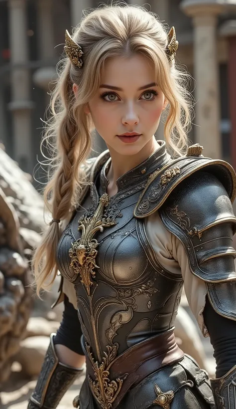 (Best Quality,4K,8k,high definition,masterpiece:1.2),Super Detail,(photo;1.3)、 ((full body):1.3), ((detailed eyes):1.3),((Fresh)), A woman in gladiator armor、blonde hair、((has a gorgeous large sword:1.4))、((Legendary Sword))、((Fighting the Dragon:1.4))、(re...
