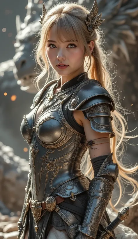 (Best Quality,4K,8k,high definition,masterpiece:1.2),Super Detail,(photo;1.3)、 ((full body):1.3), ((detailed eyes):1.3),((Fresh)), A woman in gladiator armor、blonde hair、((has a gorgeous large sword:1.4))、((Legendary Sword))、((Fighting the Dragon:1.4))、(re...