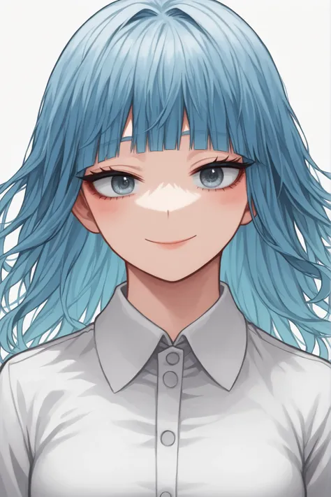 masterpiece, best quality, 1girl, solo, horikoshi kohei style, cool beauty, gentle smile, serene smile, enchanting smile, dreamy expression, layered hair, hime cut, ash blue hair, grey eyes, perfect face, perfect eyes, looking at viewer, (cool:1.2), (sexy:...