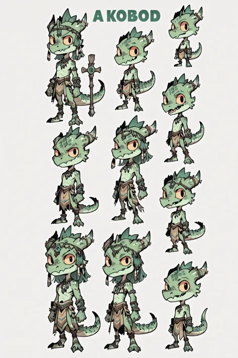 Three( male,green skin, green scales, (((Kobold)), (detailed kobold)) wearing a priest tools, a tribal clothes, character design, toon style, chibi