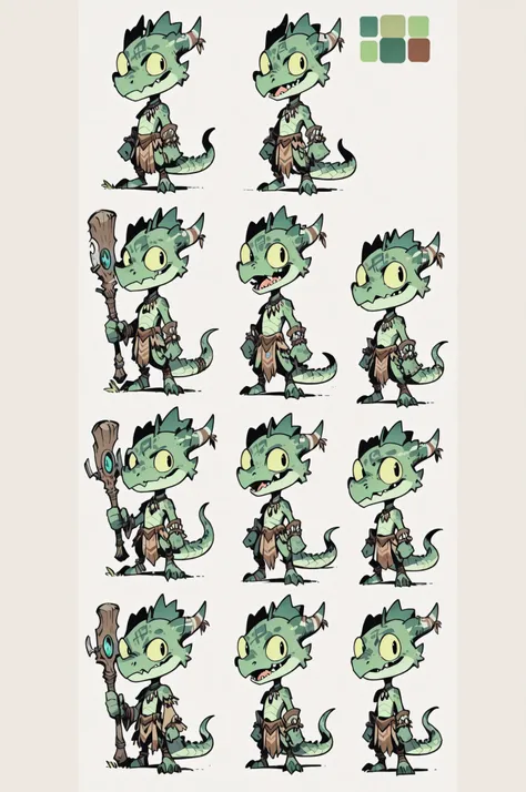 Three( male,green skin, green scales, (((Kobold)), (detailed kobold)) wearing a witch tools, a tribal clothes, character design, toon style, chibi