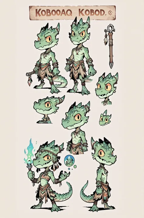 Three( male,green skin, green scales, (((Kobold)), (detailed kobold)) wearing a magic tools, a tribal clothes, character design, toon style, chibi
