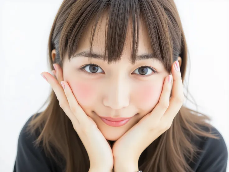 (Refined from an old photo, recreated in a modern, ultra high-quality photorealistic style, with a trendy Reiwa-era hairstyle: soft semi-long hair with natural waves and airy see-through bangs),
Ultra photorealistic close-up portrait of a beautiful Japane...
