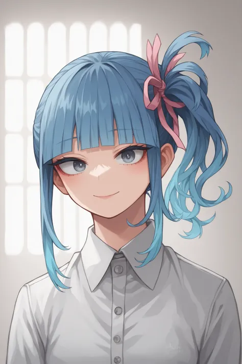 masterpiece, best quality, 1girl, solo, horikoshi kohei style, cool beauty, gentle smile, serene smile, enchanting smile, dreamy expression, side ponytail, hair ribbon, layered hair, hime cut bangs, ash blue hair, grey eyes, perfect face, perfect eyes, loo...