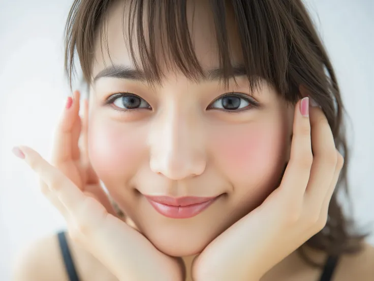 (Refined from an old photo, recreated in a modern, ultra high-quality photorealistic style, with a trendy Reiwa-era hairstyle: soft semi-long hair with natural waves and airy see-through bangs),
Ultra photorealistic close-up portrait of a beautiful Japane...
