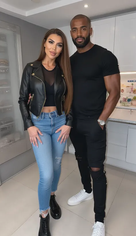 Kim Kardashian with Long straight brown hair in a black Lederjacke with collar and golden Reißverschluss und Dekolleté , in very tight blue jeans and Kim is wearing black sneakers ,Kim is standing in a modern kitchen leaning against a cooking island, wh...