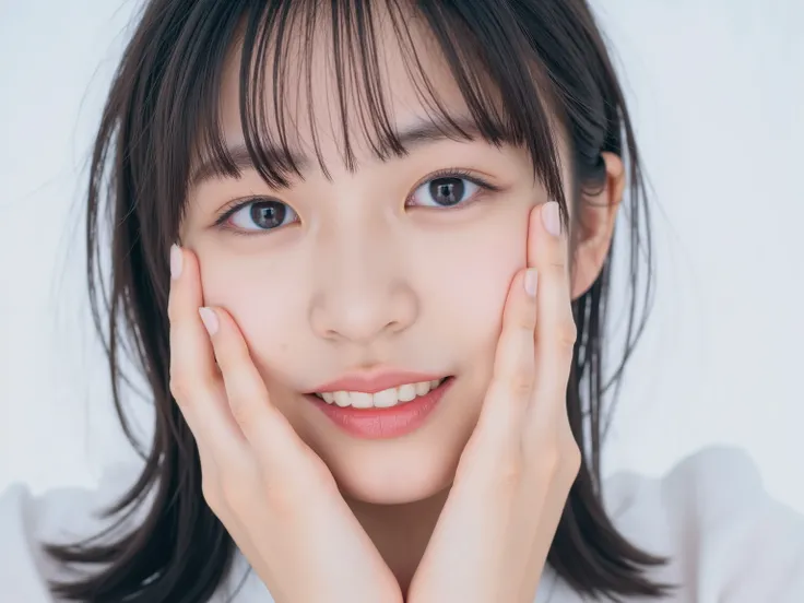 (Refined from an old photo, recreated in a modern, ultra high-quality photorealistic style, with a trendy Reiwa-era hairstyle: soft semi-long hair with natural waves and airy see-through bangs),
Ultra photorealistic close-up portrait of a beautiful Japane...