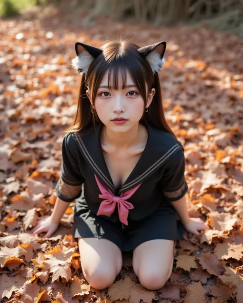 2Girls in,25years, Slender women with catears, Japanese idle, Cat ears, Autum clothes, Various  fashion, Kneeling in crashed sites, lowangle shot, darkness world,working boots, bottom view, Carlzeis 70mm tesser, contax, FUJI CHROME, BIBID colour, inner thi...