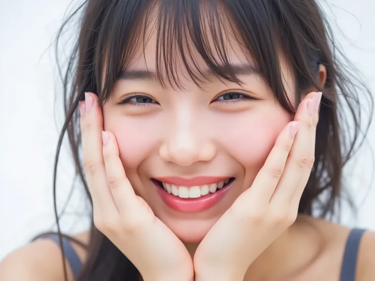 (Refined from an old photo, recreated in a modern, ultra high-quality photorealistic style, with a trendy Reiwa-era hairstyle: soft semi-long hair with natural waves and airy see-through bangs), 
Ultra photorealistic close-up portrait of a beautiful Japane...