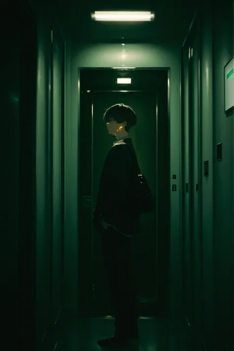 dark room young man studying by the light of an electric lamp His face seems to be invisible angle from behind in the elevator hall