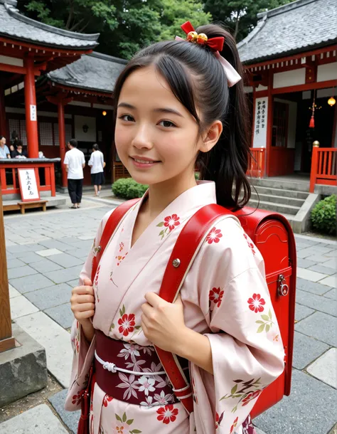 Masterpiecd, hd, Portrait, Best Quality, High resolution, 1girl, black hair, ponytail, hair ornaments, hair ribbon, wearing randoseru backpack, red backpack, Wearing a Japanese kimono at a summer festival at a shrine, (kimono:1.1), outdoor, standing