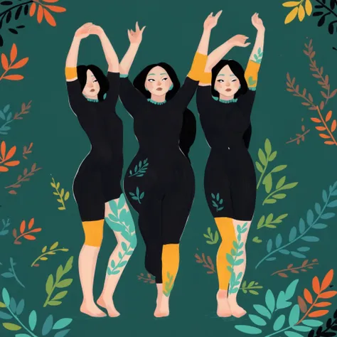 1girl, 2d art, flat colors, full body portrait, black clothes, dynamic poses, simple black eyes, gouache texture, full body portrait, gouache painting, vibrant colors, chiseled features, thick gouache render, novuschroma57 style cartoon, in gougoupaintleav...