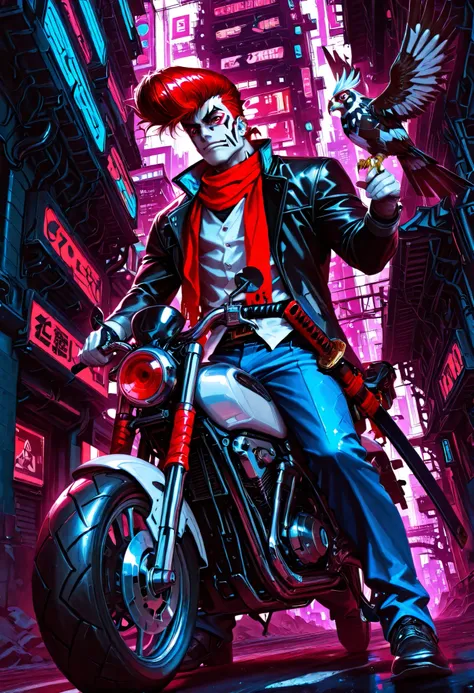 masterpiece, best quality, amazing quality, very awa, absurdres, newest, very aesthetic, 1boy, man, futuristic biker, (neon building backdrop, cyberpunk), falconer, cybernetic bird on hand, mechanical falcon, red eyes, red hair, ((pompadour hairstyle, extr...