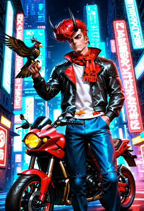 masterpiece, best quality, amazing quality, very awa, absurdres, newest, very aesthetic, 1boy, man, futuristic biker, (neon building backdrop, cyberpunk), falconer, cybernetic bird on hand, mechanical falcon, red eyes, red hair, ((pompadour hairstyle, extr...