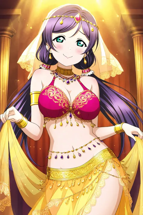 Love Live official artwork,professional art, highres, hdr, glossy shiny skin, shiny silky hair, soft lighting from right ,detailed clothing, vibrant colors, toujo nozomi,indoors, exotic setting, arabesque patterns, oriental dancer, belly dancer, shy pose, ...