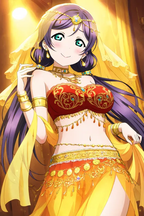 Love Live official artwork,professional art, highres, hdr, glossy shiny skin, shiny silky hair, soft lighting from right ,detailed clothing, vibrant colors, cowboy shot,toujo nozomi,indoors, exotic setting, arabesque patterns, oriental dancer, belly dancer...