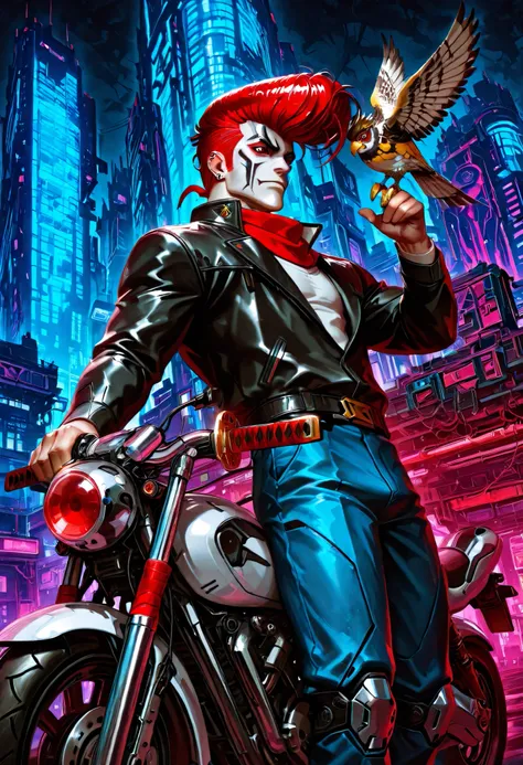 masterpiece, best quality, amazing quality, very awa, absurdres, newest, very aesthetic, 1boy, man, futuristic biker, (neon building backdrop, cyberpunk), falconer, ((cybernetic bird on hand, mechanical falcon)), red eyes, red hair, ((pompadour hairstyle, ...
