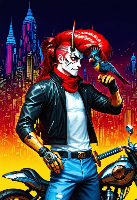 masterpiece, best quality, amazing quality, very awa, absurdres, newest, very aesthetic, 1boy, man, futuristic biker, (neon building backdrop, cyberpunk), falconer, ((cybernetic bird on hand, mechanical falcon, clockwork bird, metal bird)), red eyes, red h...